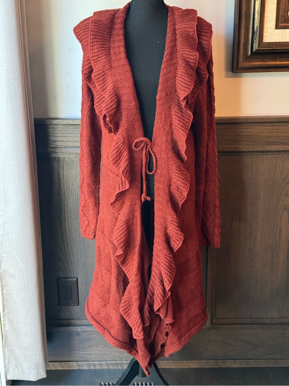 Fantazia wool blend Ruffle-Trim Open-Front Cardigan Sweater - Rust xl